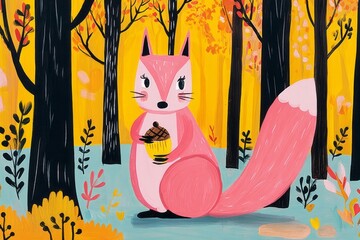 In the heart of autumn, a red squirrel stands alert on a tree trunk, clutching an acorn while surrounded by colorful foliage and a tranquil lake reflecting the fall hues