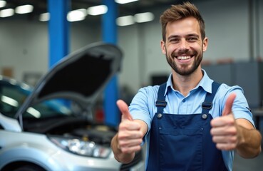 Mechanic with tattoos gives thumbs up in garage. Smiling auto technician in uniform works on car engine. Confident repairman shows satisfaction with vehicle maintenance service. Professional trust.