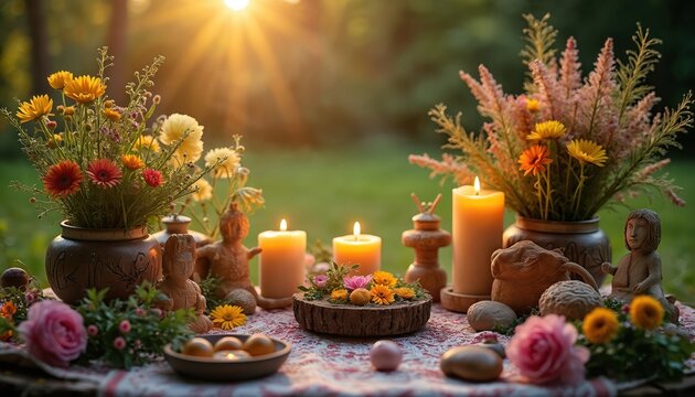 Beltane altar adorned with flowers, lit candles, fertility symbols. Rustic wooden bowl holds vibrant blooms, warm glow of flames. Outdoor setting bathed in sunlight creates mystical, celebratory
