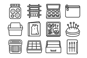 Kit icons bobbin jar vector container tray sewing box organizer icon case