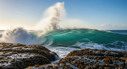 Crashing Teal Wave Breaking on Rocky Shoreline at Sunrise