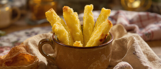 Breadsticks in a Rustic Ceramic Cup