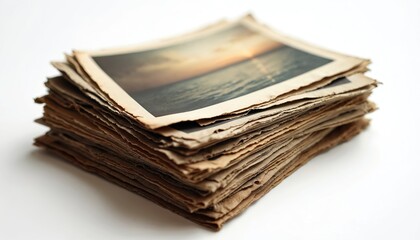 Stack of old newspapers, yellowed pages with torn edges, piled on white background. One top page shows faded ocean sunset image. Retro print media, aged documents, historical records, vintage