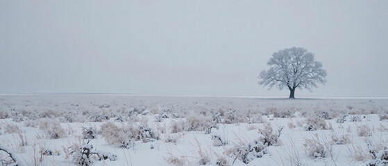 Minimal Snowy Field with Lone Tree