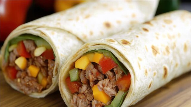 Two beef burritos with a variety of vegetables, wrapped in a large tortilla and ready to eat.