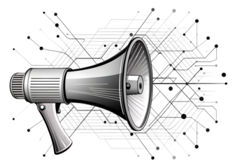 A detailed illustration of a megaphone against a backdrop of a digital circuit board network, symbolizing technological communication and data transmission, isolated on transparent background