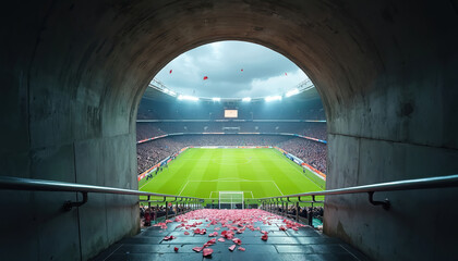 Tunnel view leading to vibrant football stadium packed with cheering fans. Green grass field under bright lights awaits game start. Red flower petals scattered on stairs, creating festive atmosphere