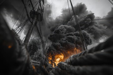 Pirate crows nest covered in thick smoke