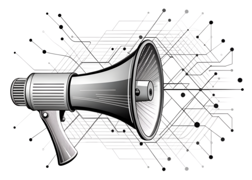 A detailed illustration of a megaphone against a backdrop of a digital circuit board network, symbolizing technological communication and data transmission, isolated on transparent background