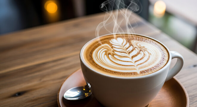 Delicious latte art coffee drink in white cup on wooden table for cafe and morning beverage concept - Powered by Adobe