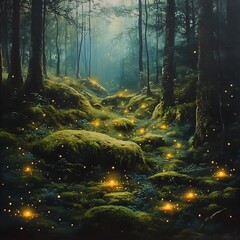 Fireflies illuminating mossy forest floor high resolution picture