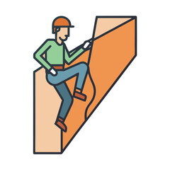 Cartoon man in cap and harness climbing an orange abstract shape climber rock climbing