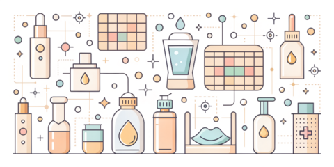 A collection of cosmetic bottles and skincare products arranged in a pattern, suggesting beauty, selfcare, and personal hygiene routines, isolated on transparent background