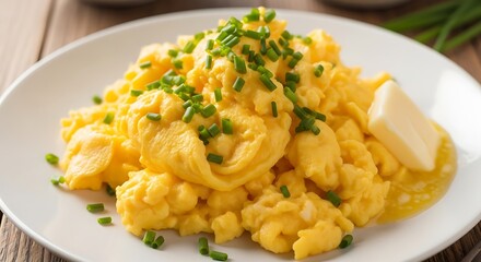 Scrambled eggs on plate.