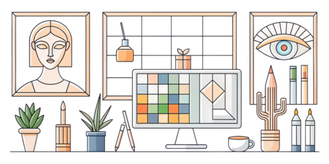 Creative workspace with art supplies, computer, and decorative elements, showcasing a designers desk setup isolated on transparent background