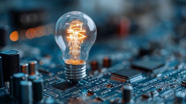 Spark innovation featuring glowing lightbulb illuminating complex circuit board, representing brainstorming and creative technological solutions