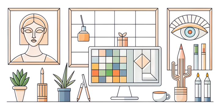 Creative workspace with art supplies, computer, and decorative elements, showcasing a designers desk setup isolated on transparent background