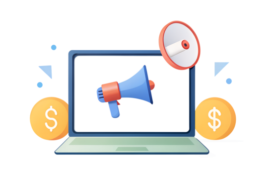 Digital marketing concept with a laptop displaying a megaphone and dollar coins, symbolizing online advertising and profit isolated on transparent background