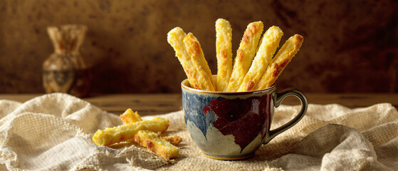 Breadsticks in a Rustic Ceramic Cup