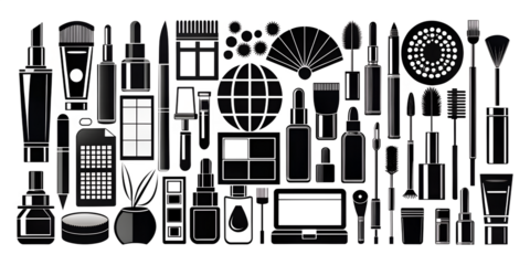 A collection of various makeup and cosmetic products silhouetted against a transparent background, including lipstick, mascara, foundation, and brushes