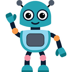 Cute cartoon blue robot waving hello on a white background android cyborg