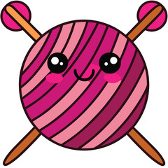 Cute Kawaii Pink Yarn Ball with Knitting Needles and Happy Face wool craft