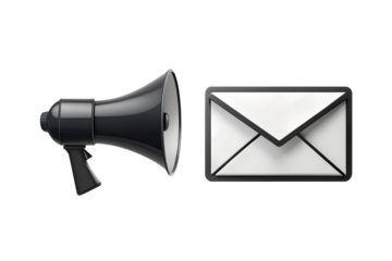 A black megaphone and an envelope icon, symbolizing communication and message delivery, isolated on a transparent background