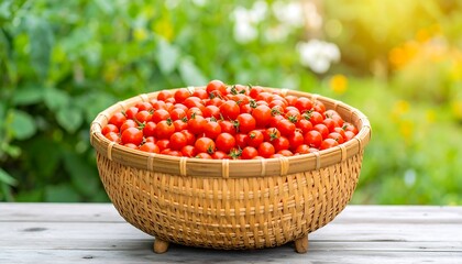 Fresh cherry tomatoes in a woven basket outdoors