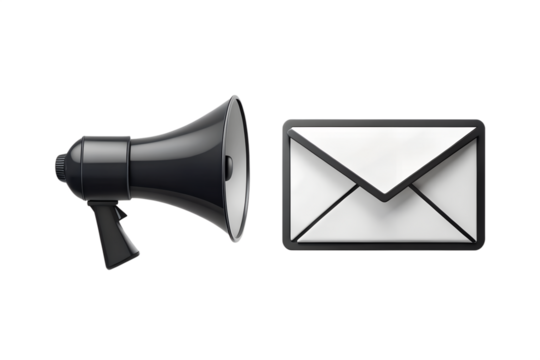 A black megaphone and an envelope icon, symbolizing communication and message delivery, isolated on a transparent background