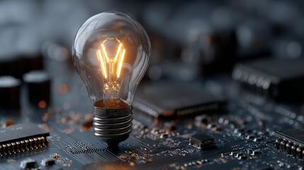 Illuminating innovation, a light bulb glows atop a circuit board embodying brilliant ideas and technological inspiration for future projects