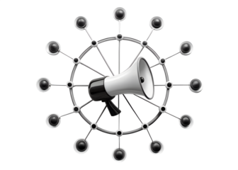 A black and white 3d render of a megaphone at the center of a circular structure with radiating spokes and spheres, isolated on transparent background