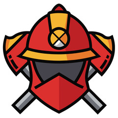 Firefighter Helmet and Crossed Axes Emblem with Red Yellow and Black Colors fire axe symbol