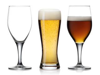 Three beer glasses on a transparent background one empty stemmed glass, one full glass of golden lager with foam, and one glass of dark amber ale, isolated on transparent background