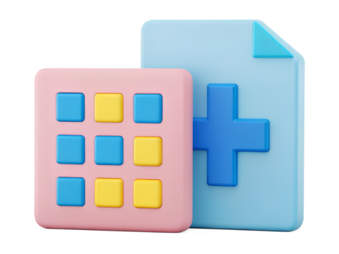 A 3d render of a pink square with nine blue and yellow squares and a light blue document icon with a blue plus sign, isolated on transparent background
