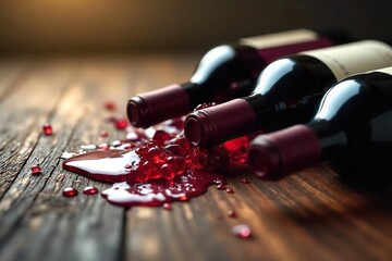 Empty wine bottles scattered on a wooden floor, hinting at excessive consumption and potential alcohol addiction A concept image for articles on alcoholism and wine abuse , wood, empty, shadows