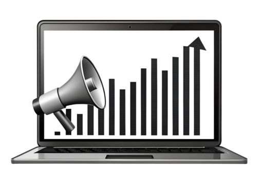 A megaphone and a rising bar graph on a laptop screen, symbolizing marketing success and business growth, isolated on transparent background