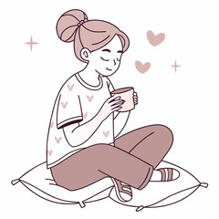 Girl with bun hairstyle sitting on pillow holding a mug with hearts and sparkles vector illustration