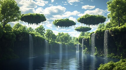 Floating forested cliffs with waterfalls high resolution picture