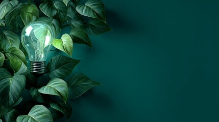 Sustainable energy concept featuring glowing lightbulb and lush green leaves for eco-friendly innovations and environmental responsibility themes