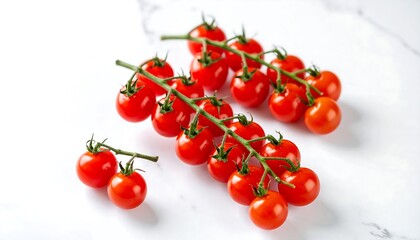 Fresh cherry tomatoes on stems against white marble