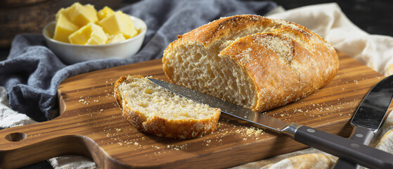 Crusty Bread with Knife and Butter on Wooden Board