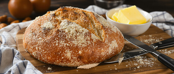 Crusty Bread with Knife and Butter on Wooden Board