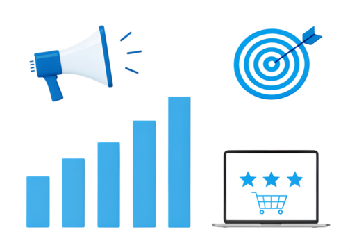 Marketing and sales growth concept with a megaphone, target, bar chart, and laptop showing stars and shopping cart, isolated on transparent background