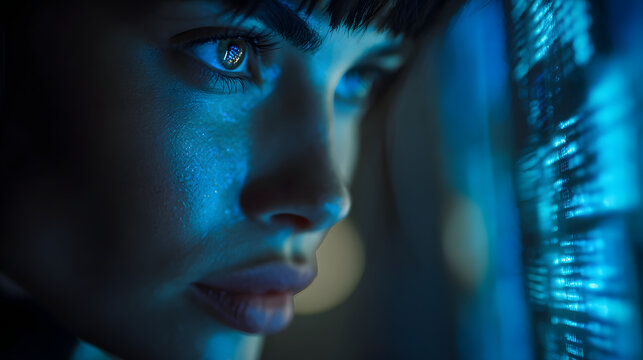 Woman in tech, illuminated by blue data light, focusd on advanced cybersecurit systems, Generative AI