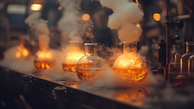 Glowing flasks and steam mystical science or alchemy experiment