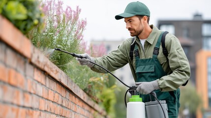 Focused gardener sprays plants along a brick wall.  Green and earthy tones.
