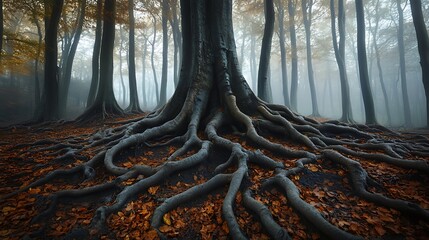 Fog filled woodland with towering trees roots high resolution picture