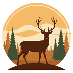 Silhouette of a Majestic Stag with Antlers in a Forest Landscape at Sunset deer
