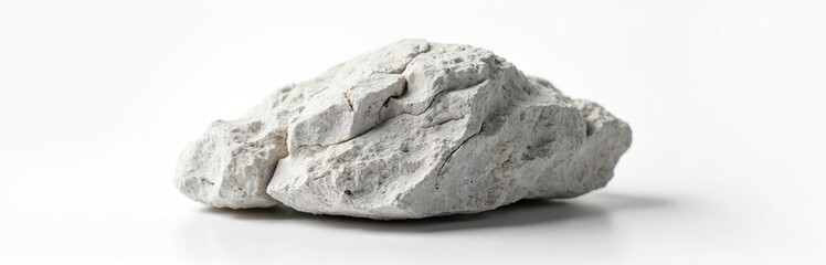 Obraz premium Single piece of grey sedimentary rock, likely limestone, rests on clean white background. Calcium carbonate-rich stone displays rough, porous texture with visible cracks, fissures, suggesting natural