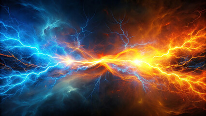 Photo of abstract explosion of blue and orange lightning and energy streams colliding in the dark, representing power and conflict